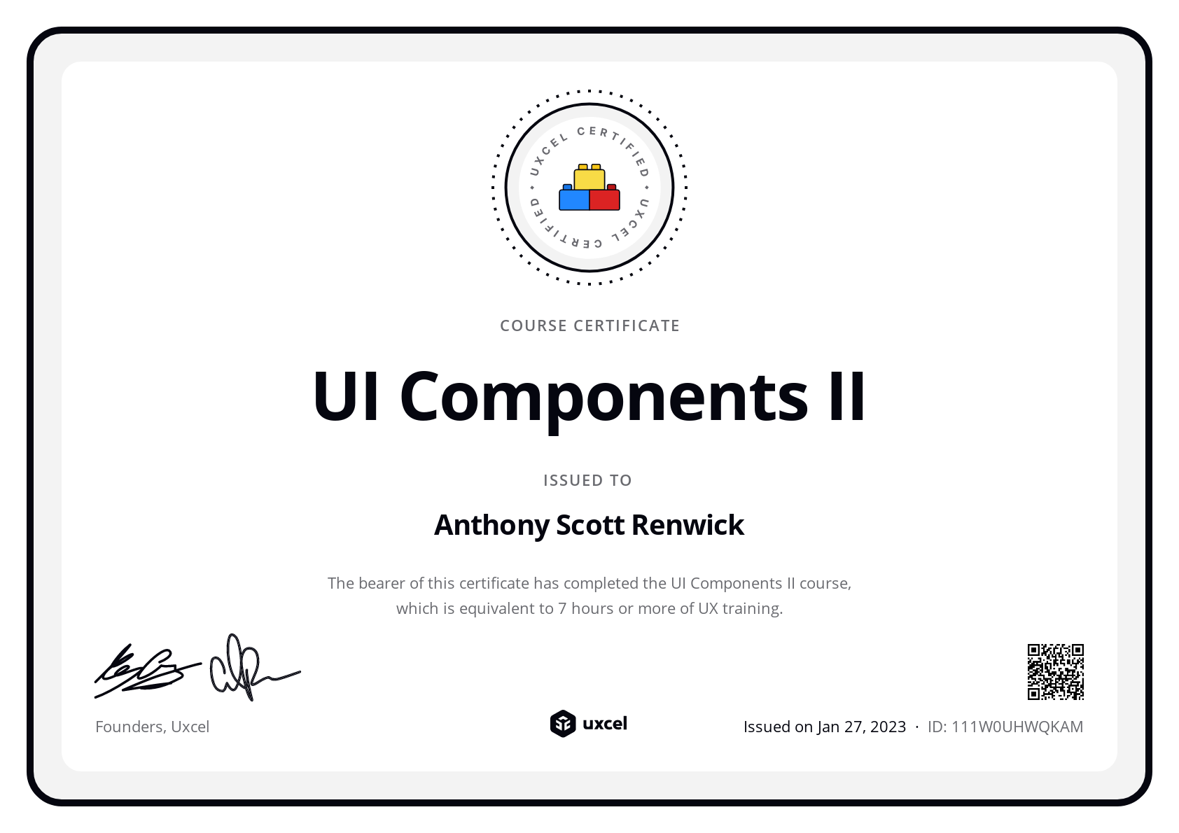 Anthony Scott Renwick's certificate